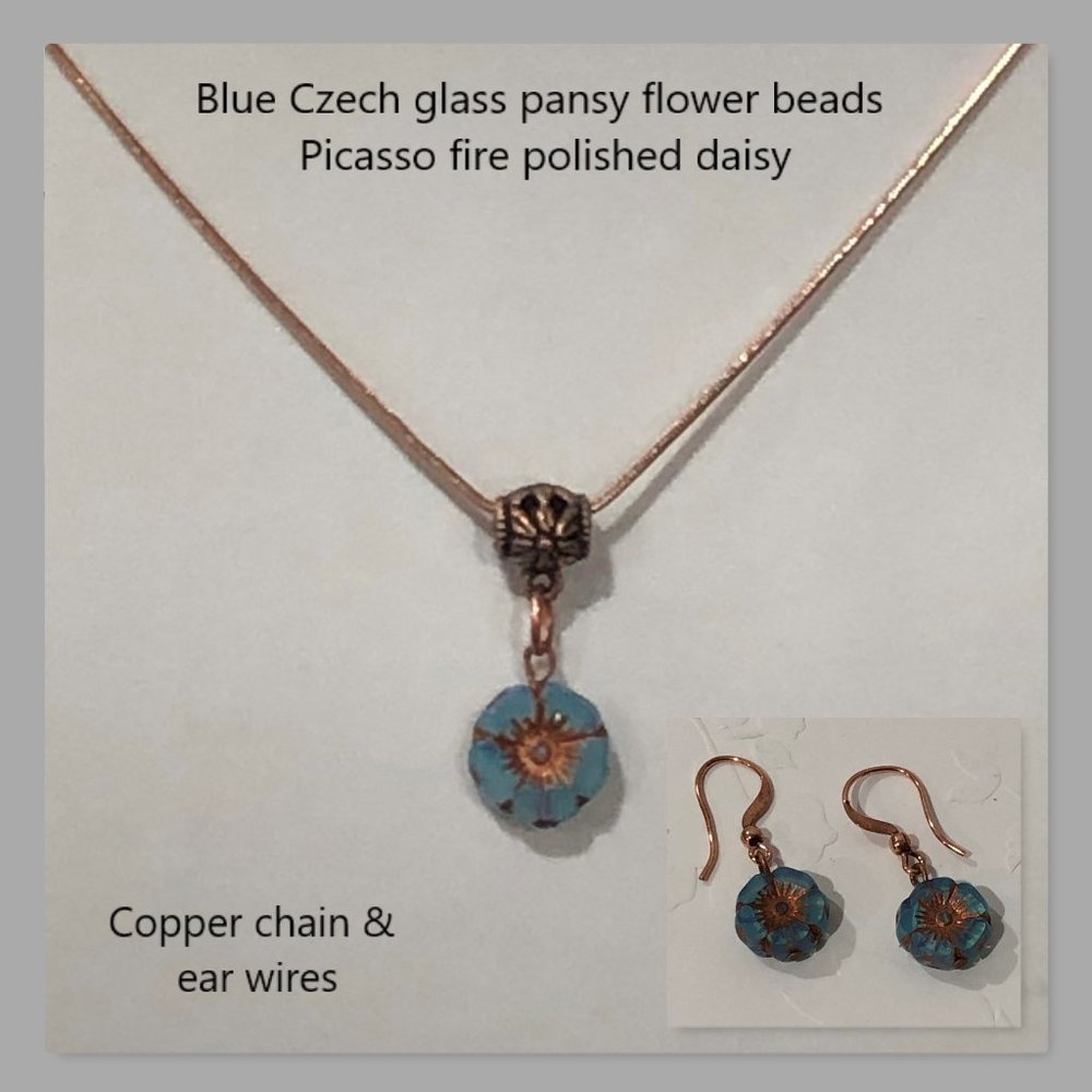 New Czech crystal Pansy flower with Rose Gold necklace and earrings